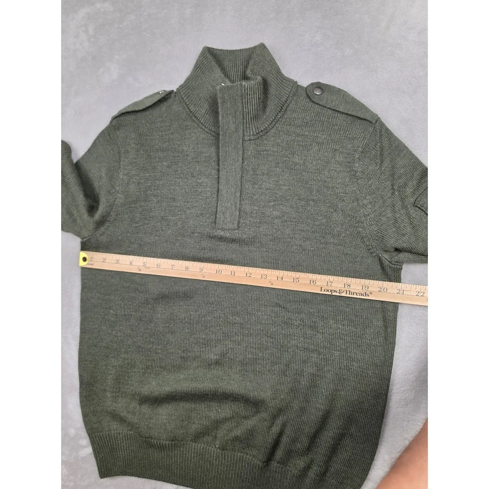 Banana Republic Sweater Men M Green Quarter Zip Epaulets Wool Blend Italian Yarn